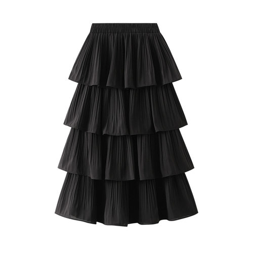 Summer Wooden Ear Stitching Pleated Big Swing Skirt Womens