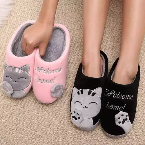 Women Winter Warm Slippers Cartoon Cat Shoes Furry Plush Sli