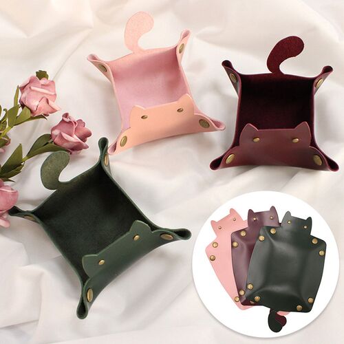 Cute Cat Shape Leather Storage Tray Dice Box Coin Desktop Je
