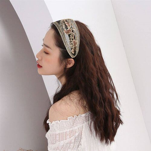 Retro Wide Lace Embroidered Women Headband Sequins Bezel Hai