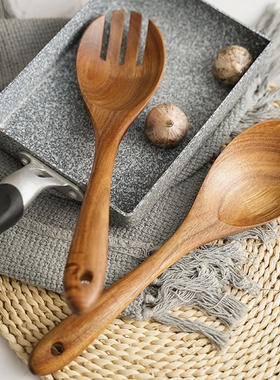 N58C 2Pcs Wooden Salad Servers Spoon and Fork Set Long