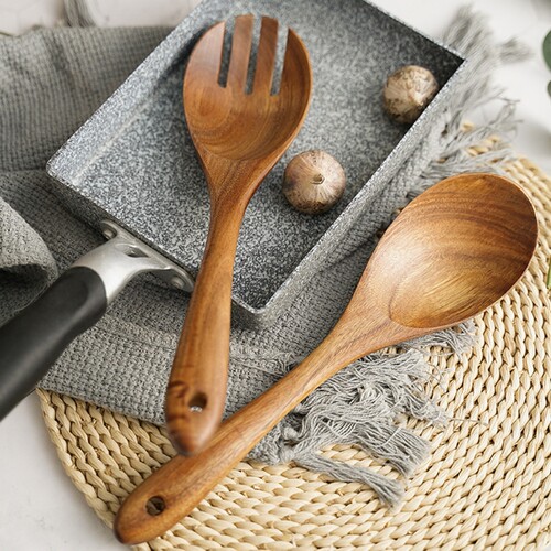 N58C 2Pcs Wooden Salad Servers Spoon and Fork Set Long