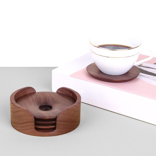4Pcs Wooden Round Coaster with Holder Storage Rack Heat-Resi
