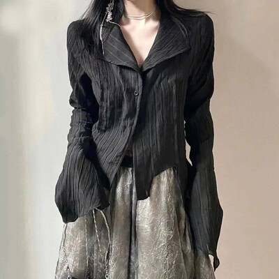 Gothic Women Black Shirts Korean Dark Academic Female Design