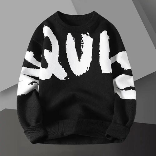 Letter Contrast Printing Sweater Pullover Crew Neck Men Swet