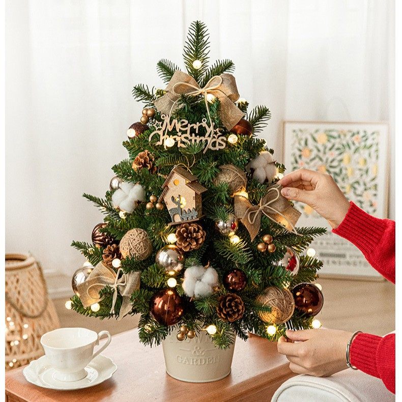 跨境新款圣诞树迷你桌面摆件DIY材料包装饰豪华加密PE铁桶圣诞树
