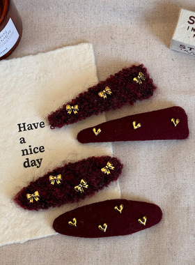 蝴蝶结红色毛线椭圆发夹法式复古感侧边边夹新年氛围感发卡女