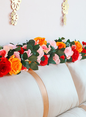 婚礼仿真花玫瑰花藤条假花床头花壁挂家居婚庆装饰摆件藤蔓