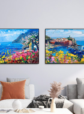 手绘油画挂画客厅大海地中海纯手工装饰画海景横版双联油画成品画