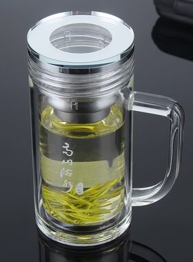 卧龙水杯子透明双层玻璃杯带把手高山流水水晶大容量泡茶杯耐高温