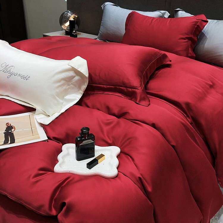 夏季西式婚庆简约100支兰精天丝四件套凉感冰丝红色结婚床上用品