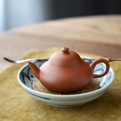 张斌手拉朱泥壶 全手工紫砂壶 鸡蛋黄泥潮州工夫茶小品壶慕古梨壶
