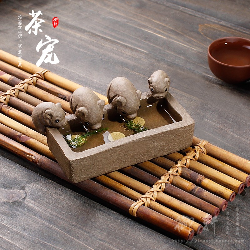 宜兴段泥茶宠紫砂陶瓷创意茶玩 小猪喝水四只猪茶宠摆件丰衣足食
