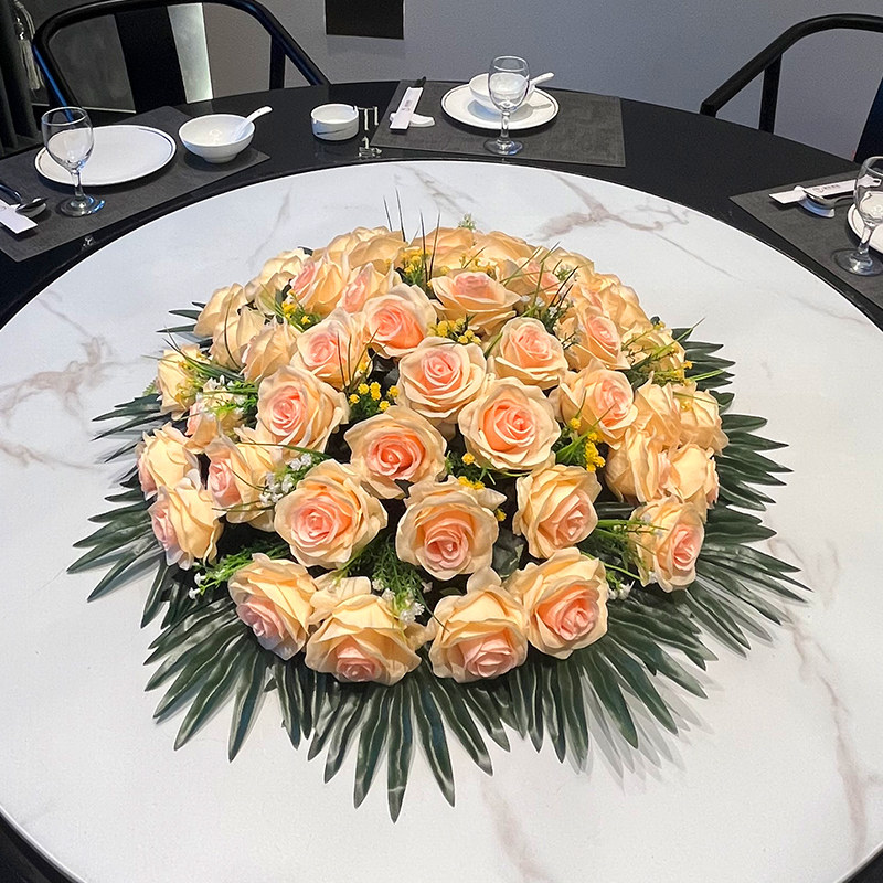 高端酒店餐桌花摆花仿真花大圆桌中间摆件餐厅摆放装饰花转盘假花