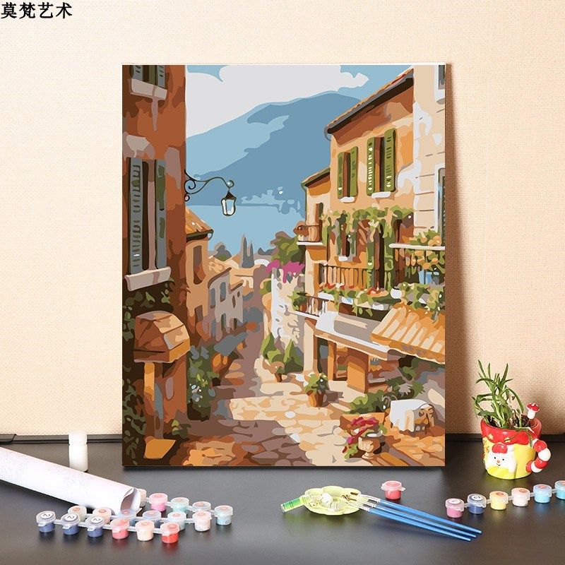 数字油画diy手工填充意大利街景小镇风景画手绘涂色丙烯油彩画画