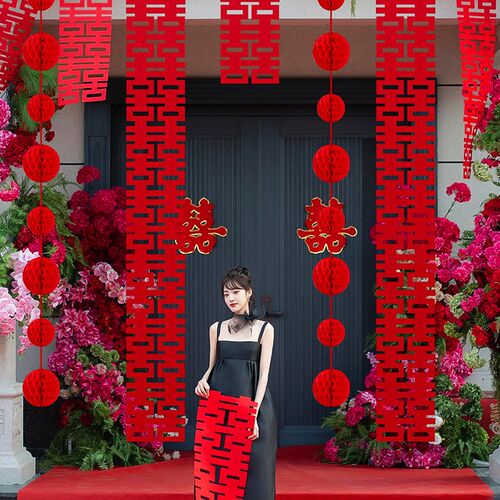 婚房长条喜字贴结婚布置套装婚礼女方新房农村院子背景墙拉花装饰