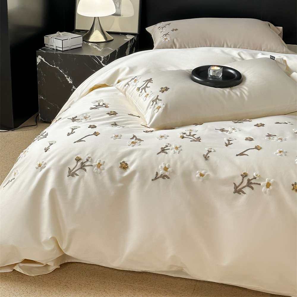 小清新贡缎长绒棉四件套轻奢田园风小花毛巾绣纯棉被套床单