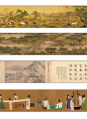 仿古山水花鸟挂画茶楼卷轴画十大传世名画千里江山清郎世宁百骏图