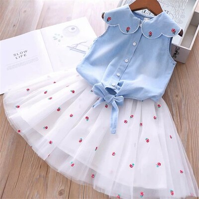 2021 Summer Girls Clothing Sets Denim Flower Embroidered La