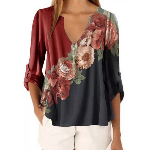 Flower Printed Patchwork Color Chiffon Blouse Women 2023 Aut