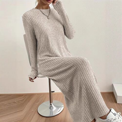 Dress Casual Round Neck Knitted Long Skirt Women Long Sleeve