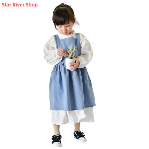 Kids Japanese Cotton Linen Bib Apron Kitchen Baking Uniform