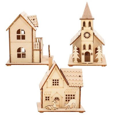 LED Wooden Christmas House Village Unfinished Wood Xmas Vill