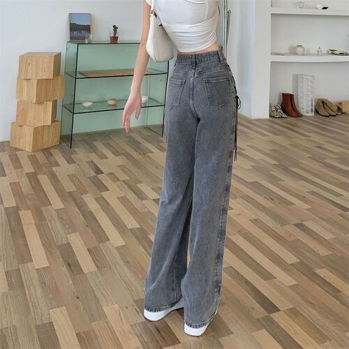 Black Gray Lace Up Design Jeans Women Vintage High Waist Str