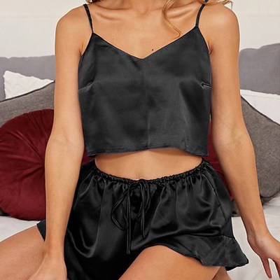 Womens Sleepwear Sexy Satin Pajama Set V-Neck Pyjamas Sleev