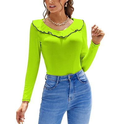 Bitter Lime Neon Green Yellow Solid Color Lotus Leaf Neck Wo
