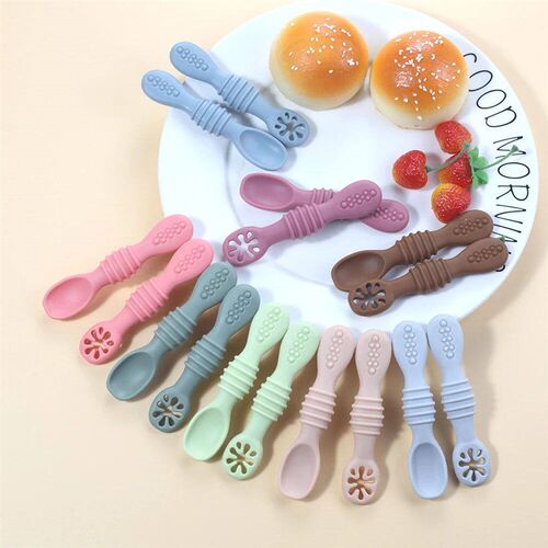 2PCS Cute Baby Learning Spoons Utensils Set Food Grade Silic