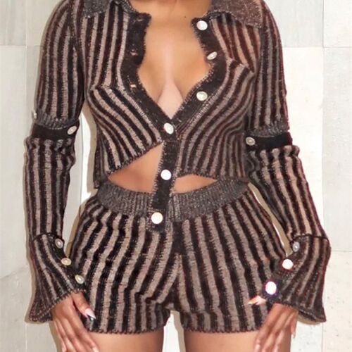 Kliou Knitted Streak Two Piece Set Women Solid Single Breast