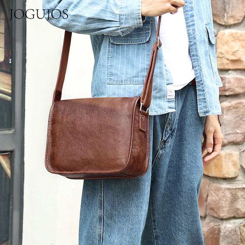 Vegetable Tanned Leather Mens Crossbody Bag Handmade Leathe