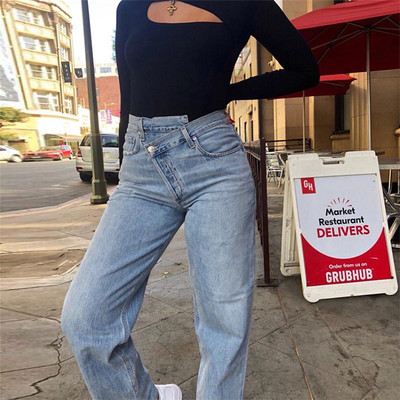 Jeans women straight pants waist dislocation fashion design