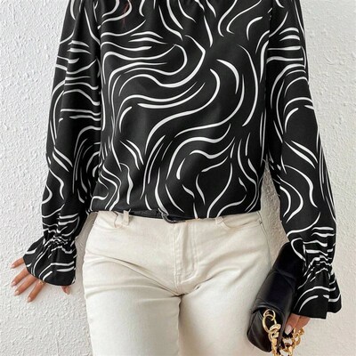 2025 Womens Printed Lotus Leaf Long Sleeve Lotus llar Shirt