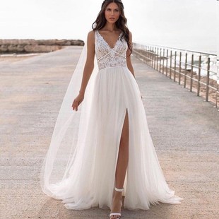 Bohemian Wedding Dress Lace 2021 Split Tank Organza Sleevele