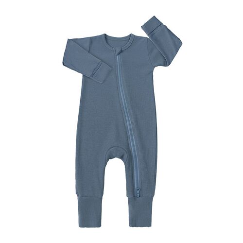 Bamboo Baby Bodysuit w Double Zipper Ribbed Long Sleeve for