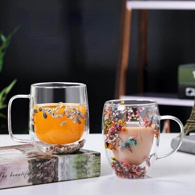 Creative Double Wall Glass Cup Real Flower Conch Flash Fill