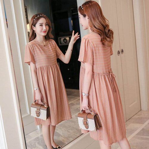 Mid length short sleeved lace up striped plus size