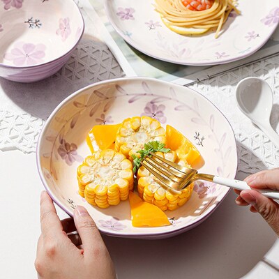 Retro style ceramic bowl and dish set, household purple tabl