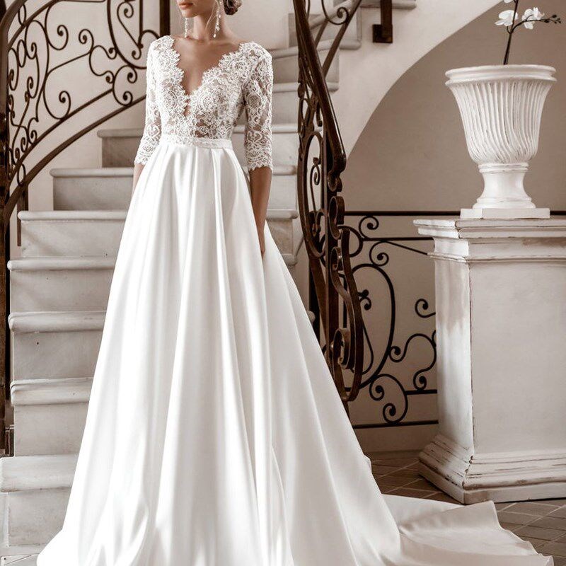 DREAM Elegant 3/4 Sleeves Lace Wedding Dresses V-Neck Satin图片