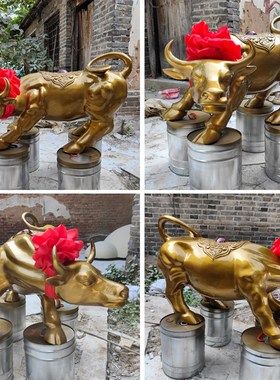 玻璃钢开荒牛雕塑华尔街牛仿铜牛牛拉犁树脂拓荒牛室内招财摆件