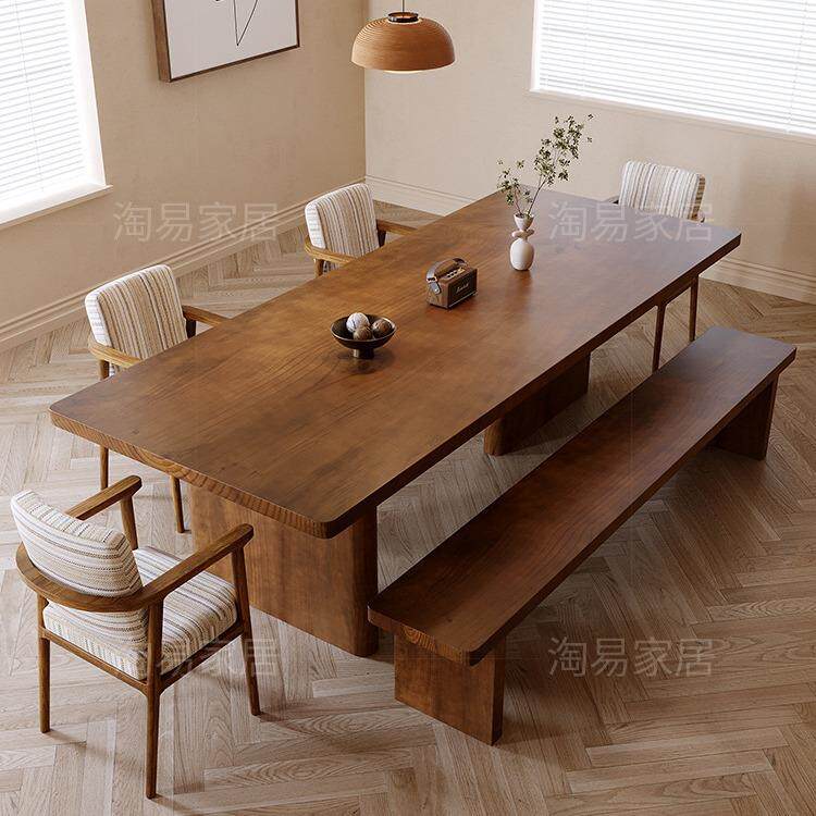 北欧全实木创意餐桌椅组合原木长条桌工作台家用餐书一体吃饭桌