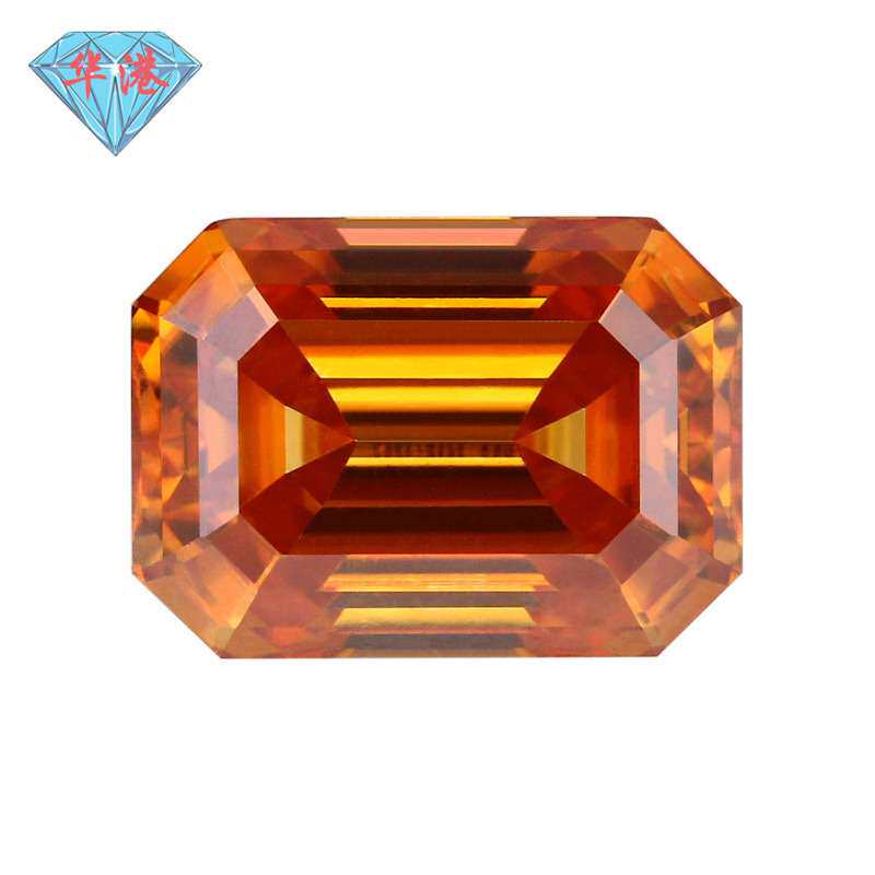 华港宝石 祖母绿切割芬达色莫桑石裸钻 长方倒角车平宝塔橙色戒面