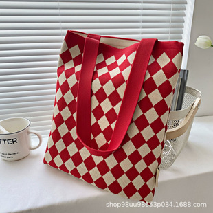 韩式托特包挂饰个性大容量飞织帆布袋时尚潮手提敞口单肩针织包女