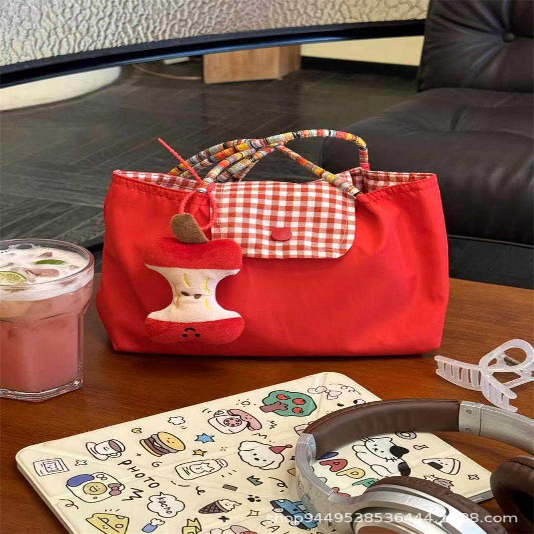 新款韩系大容量红色单肩手提格子帆布包百搭学生通勤休闲托特包女