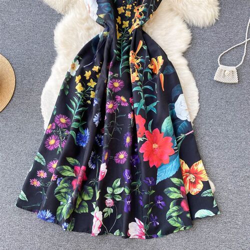 French Chic Floral Print Dress Sleeveless Square Collar Mid-
