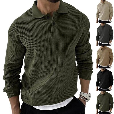 Autumn Winter Mens Sweater Knitted  Shirts Lapel Solid Colo