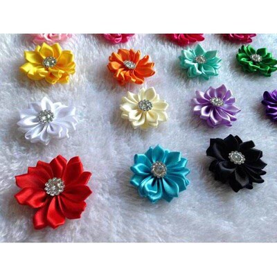 50 pcs/lot Satin Flower WITHOT  Fabric Flower With Rhineston