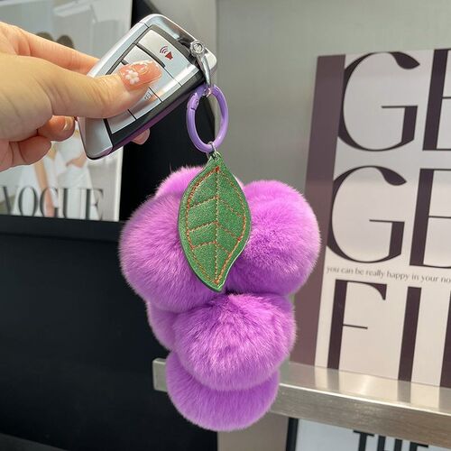 Rex Rabbit Fur Grape Charm Cute Plush Keychain Bag Hanger Po